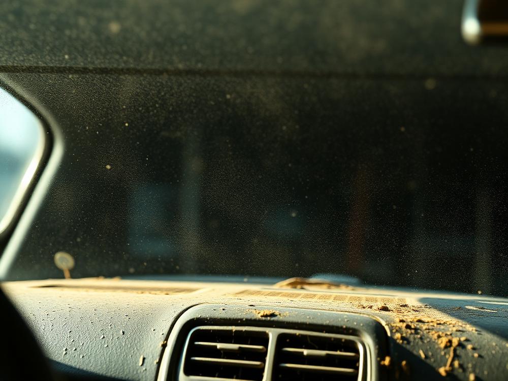 Dusty car dashboard with debris before interior car detailing