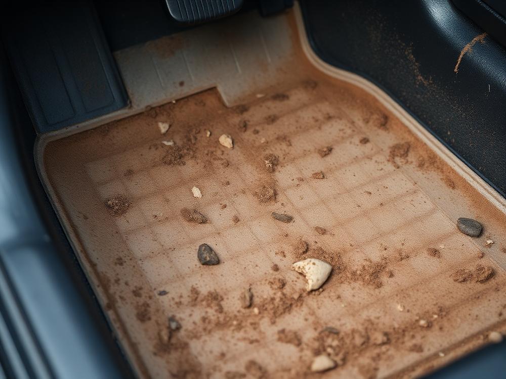 Dirty car floor mat covered in dried mud and crumbs before mobile detailing in Alpine, Utah