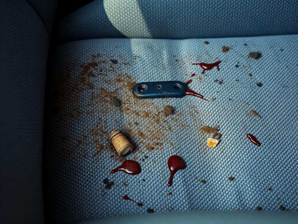 Stained fabric car seat with spills before upholstery cleaning
